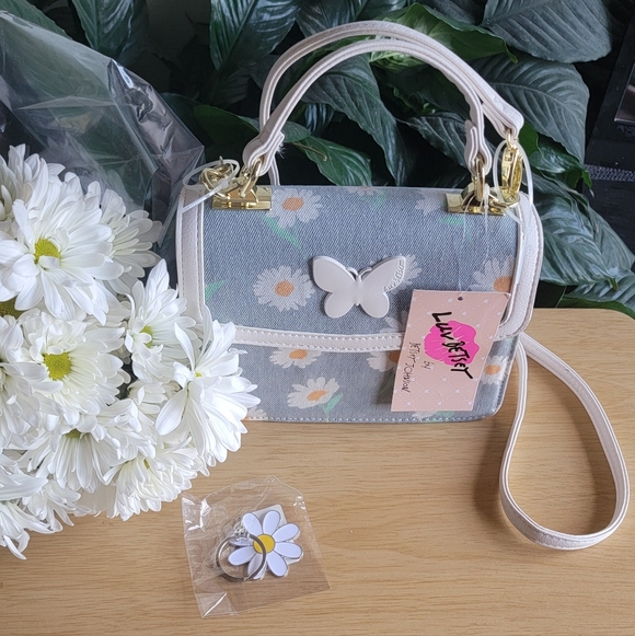 Betsey Johnson Handbags - BETSEY JOHNSON Floral Blue and Cream Women's Crossbody Bag With Daisy Keychain